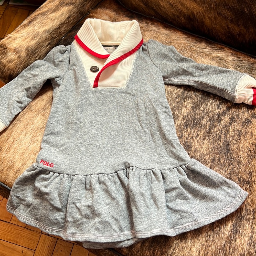 Ralph Lauren Gray Knit Dress with Cream Shawl Collar and Red Trim